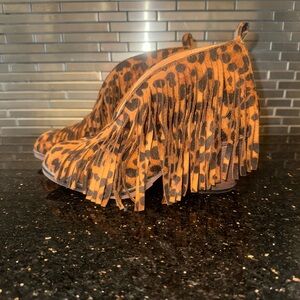 Leopard Print Fringe Ankle Booties in Brown and Black